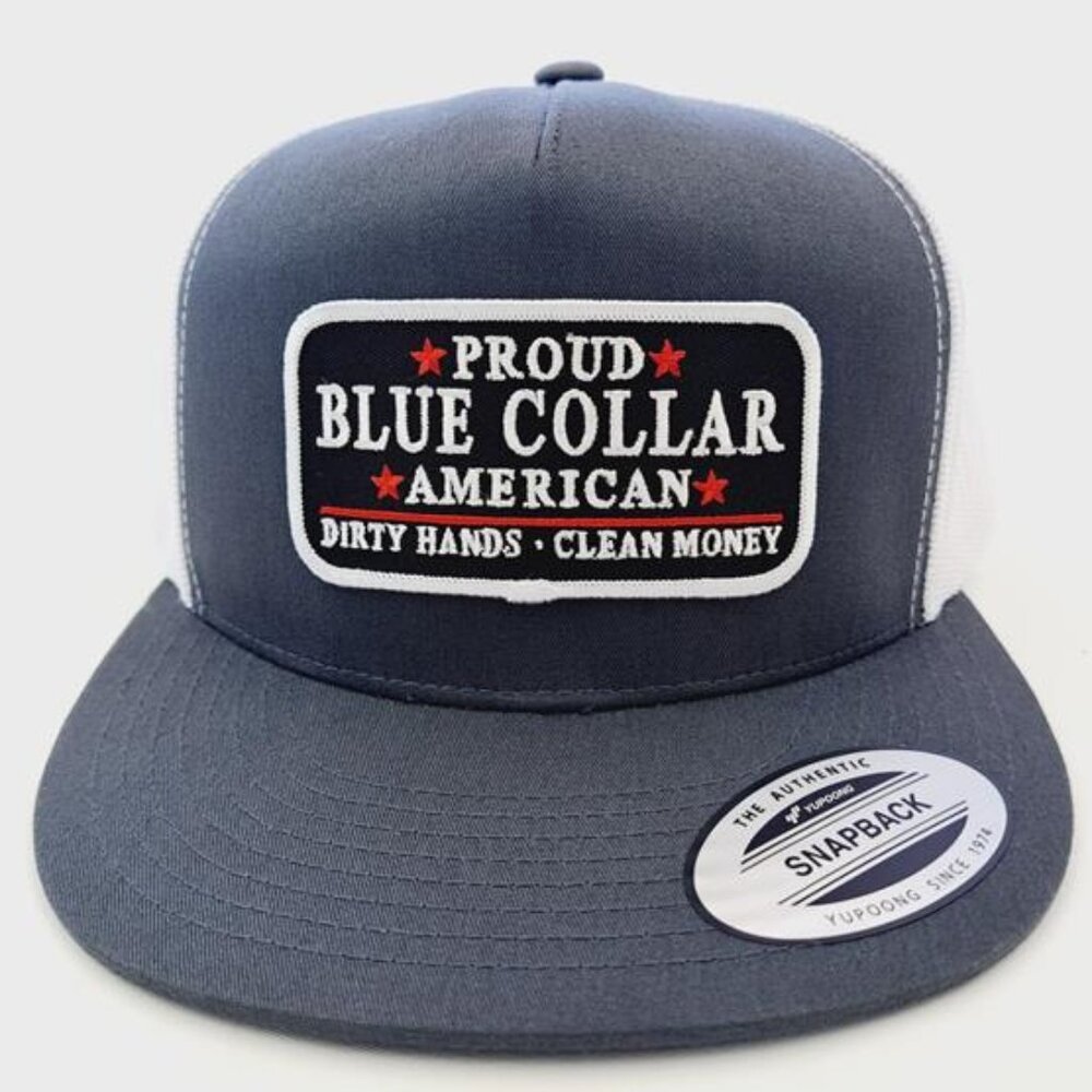 Proud Blue Collar Worker Retro American Embroidered Patch Flat Bill Mesh Cap Hat